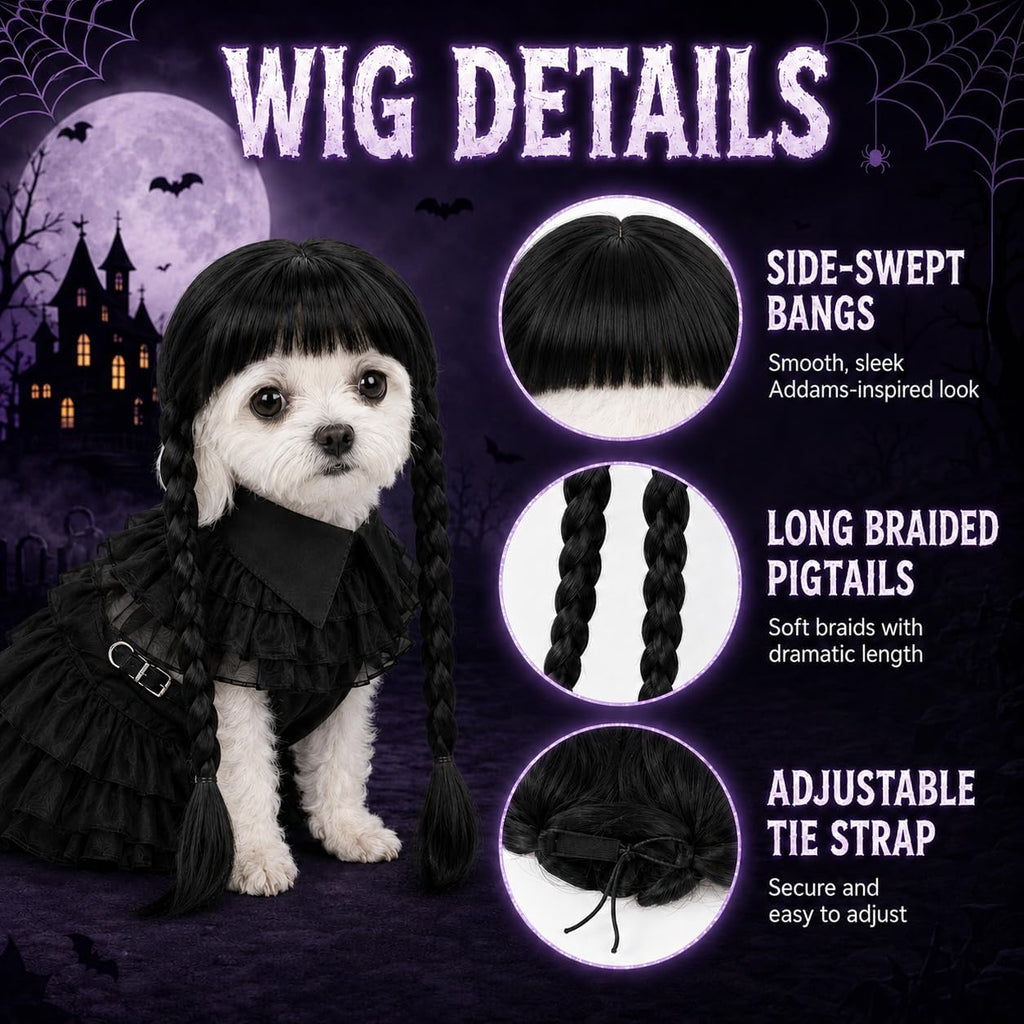 Halloween Dog Costumes - 3 Pcs Puppy Cute Pet Black Dress & Wig, Small