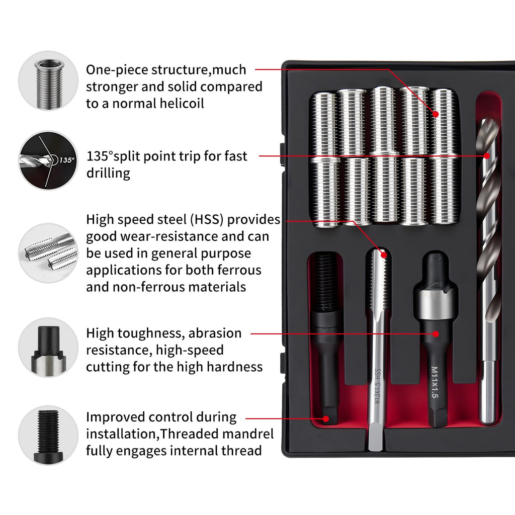 SENNMONN M11x1.5 Metric Thread Repair Kit with HSS Drill & Tap, Counterbore, Installation Driver, 10PCS M11X1.5X30MM 304 Stainless Steel Solid Inserts