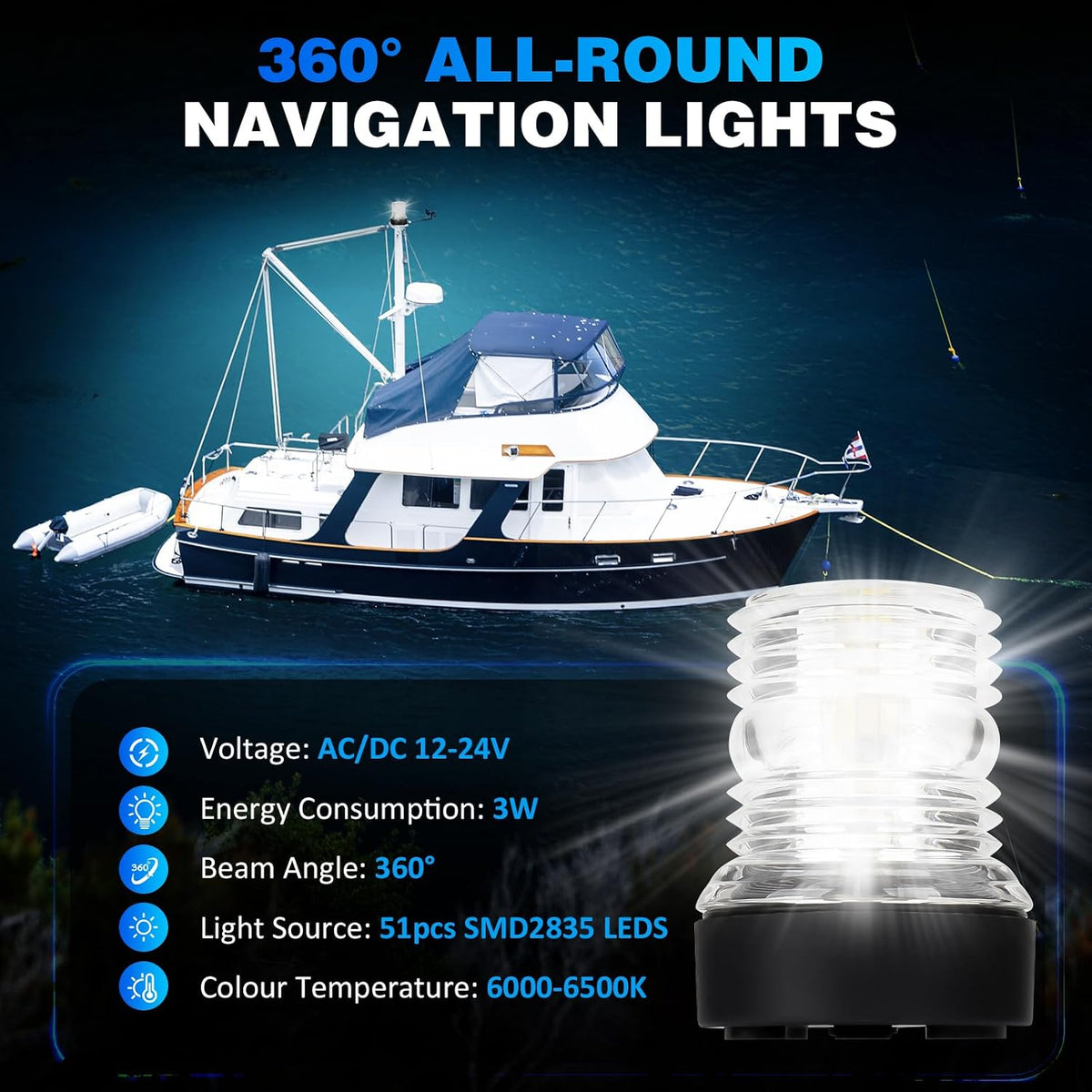 Mast Head Anchor Light, 3NM Visibility 360° Boat All Round Light, White LED Boat Navigation Lights for Marine, Sailboat, Pontoon, Cabin Cruiser Boats and Fishing Boats