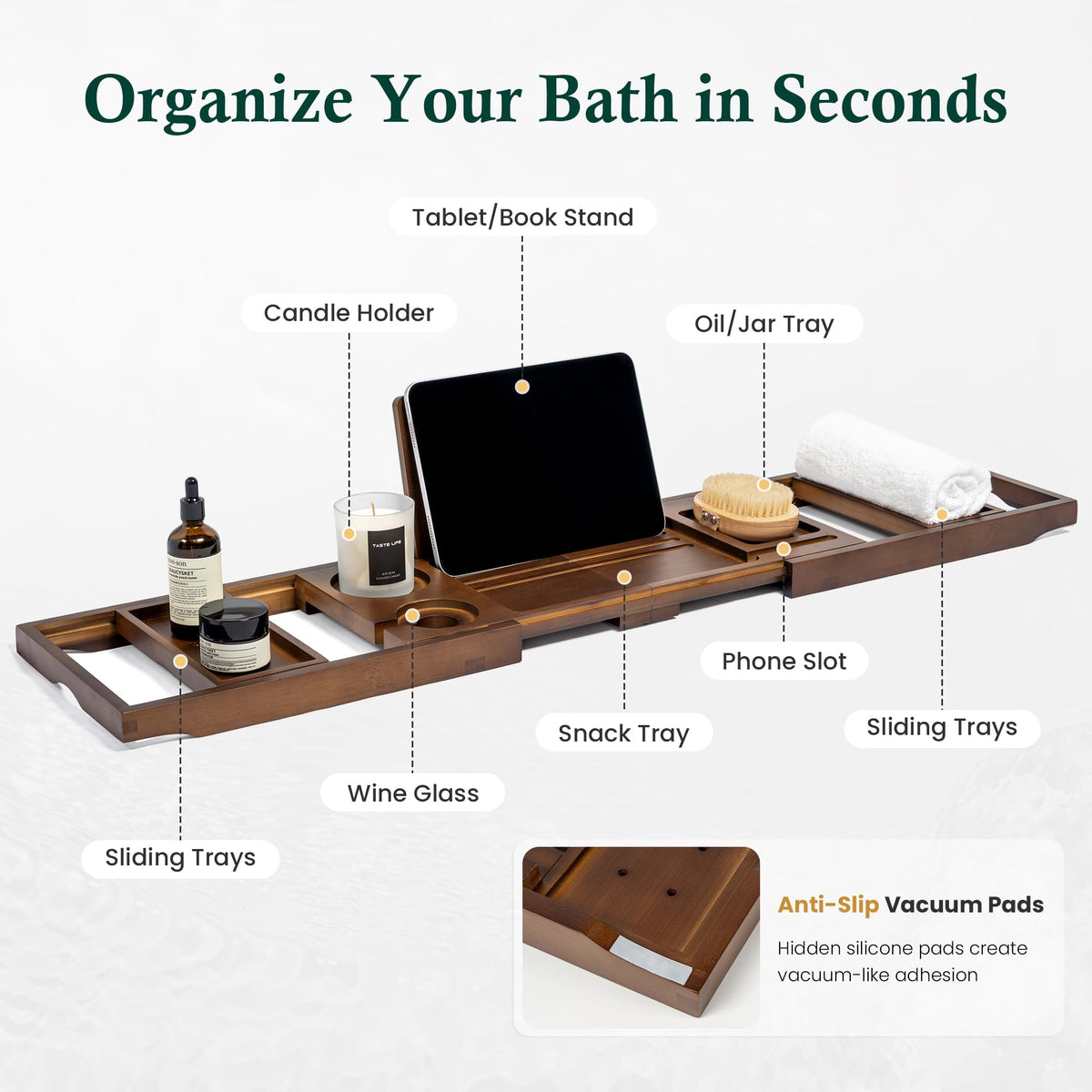 Bamboo Bathtub Tray, Brown Bath Caddy