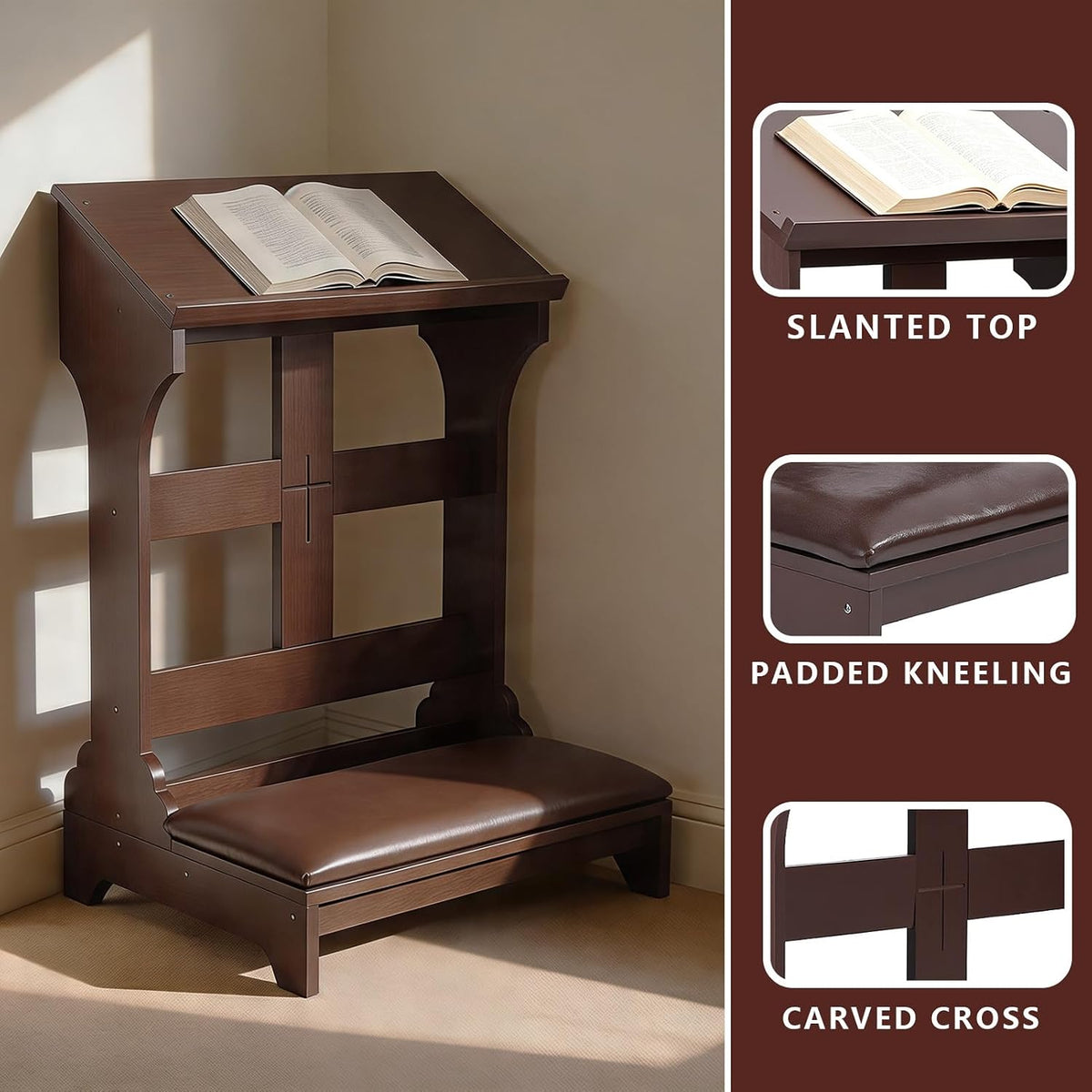 Prayer Bench Kneeler, Kneeling Stool, Wooden Kneeler Bench with Cushion, Church Kneelings Stand Stool, Padded Prayer