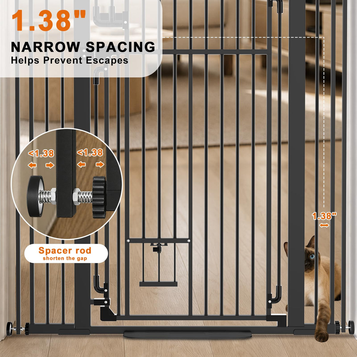 51" Extra-Tall Full-Height Anti-Jump Cat & Pet Safety Gate with Narrow Bar Spacing & Double-Lock Walk-Through Door for Doorways & Stairs