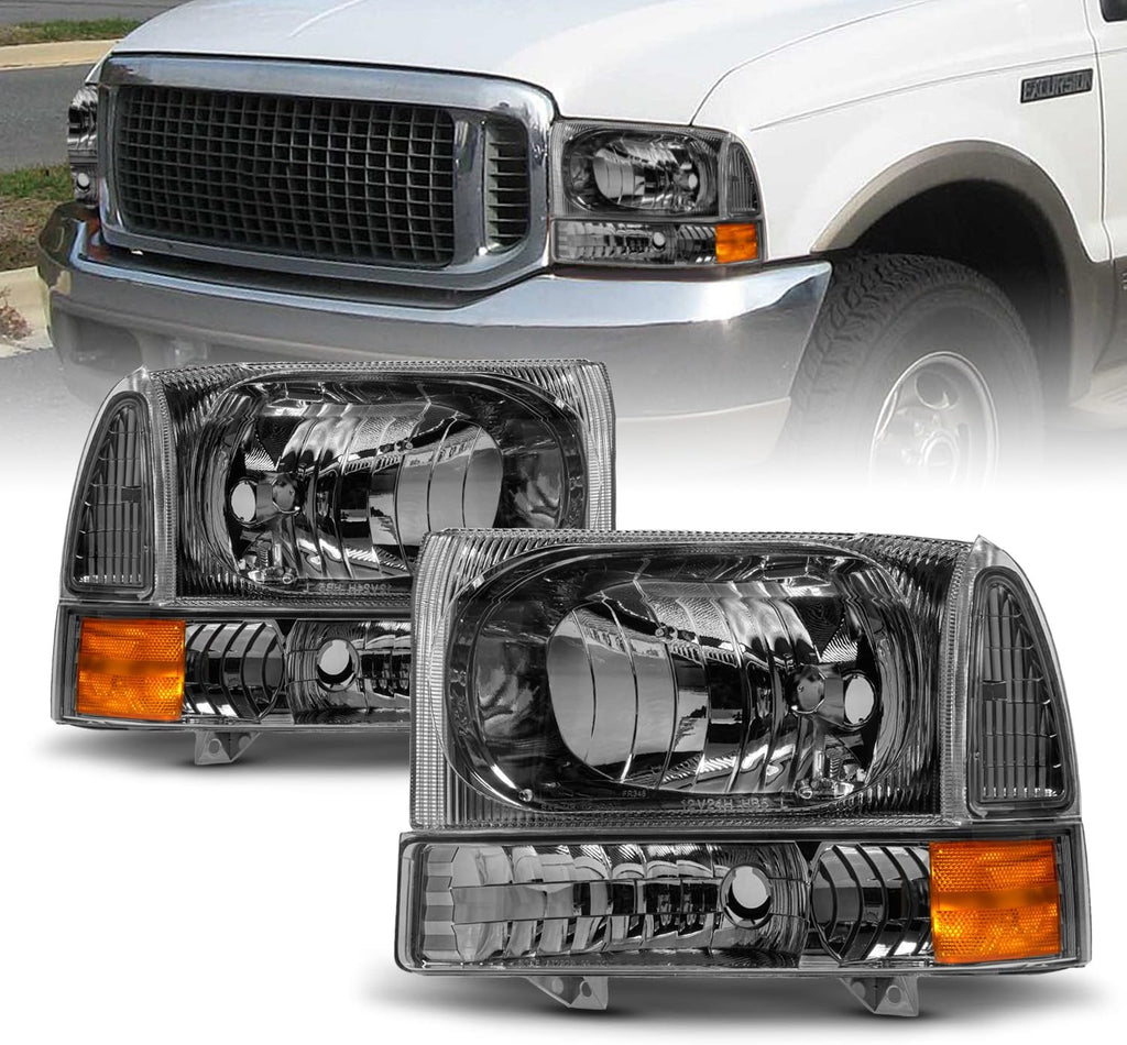 AmeriLite for 1999-2004 Ford Super Duty F250 F350 F450 F550 | Excursion Factory Style Gun-Metal Replacement Headlights w/Corner Bumper Set - Passenger and Driver Side