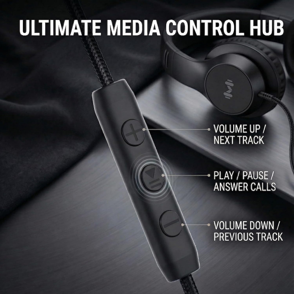 Wired Over Ear Headphones with Mic, USB-C Adapter, Black | USB-C adapter included, 3.5mm connection, comfortable ear