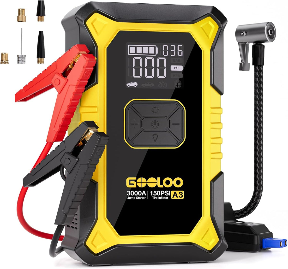 A3 Jump Starter with Air Compressor, 3000A Portable Car Battery Jumper Starter (9.0L Gas/6.5L Diesel) with 150PSI