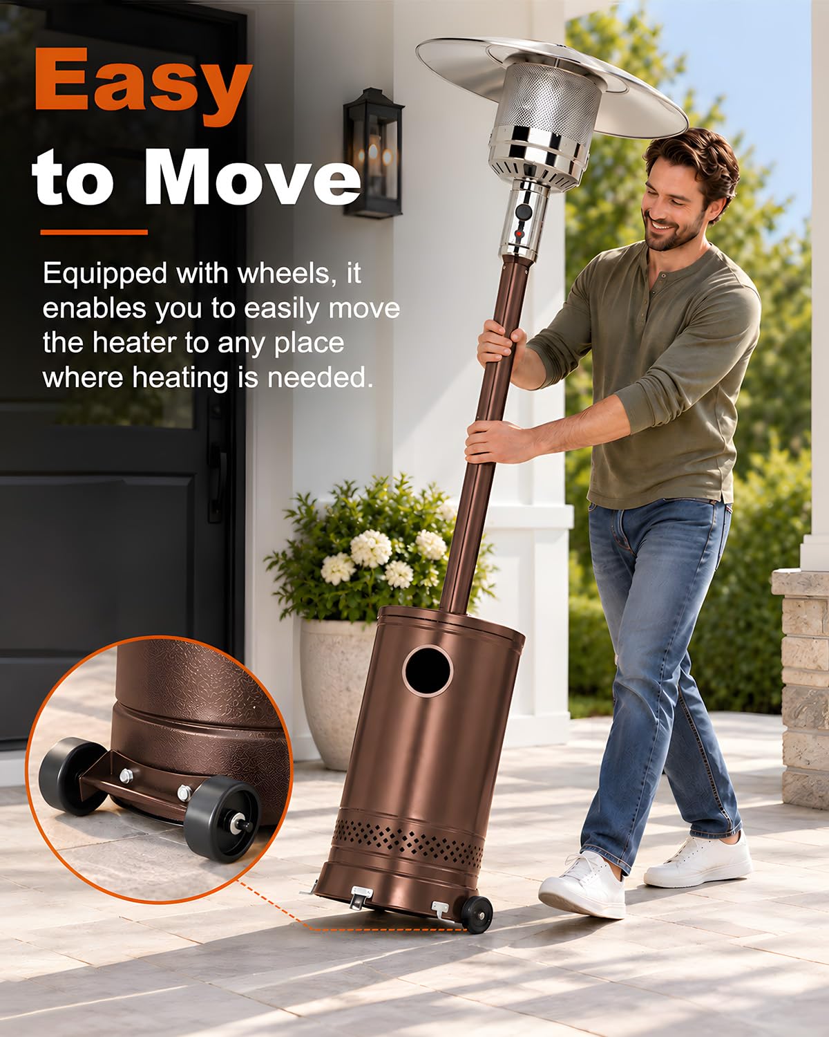 48,000 BTU Patio Heater, Outdoor Propane Heater with Wheels, Gold