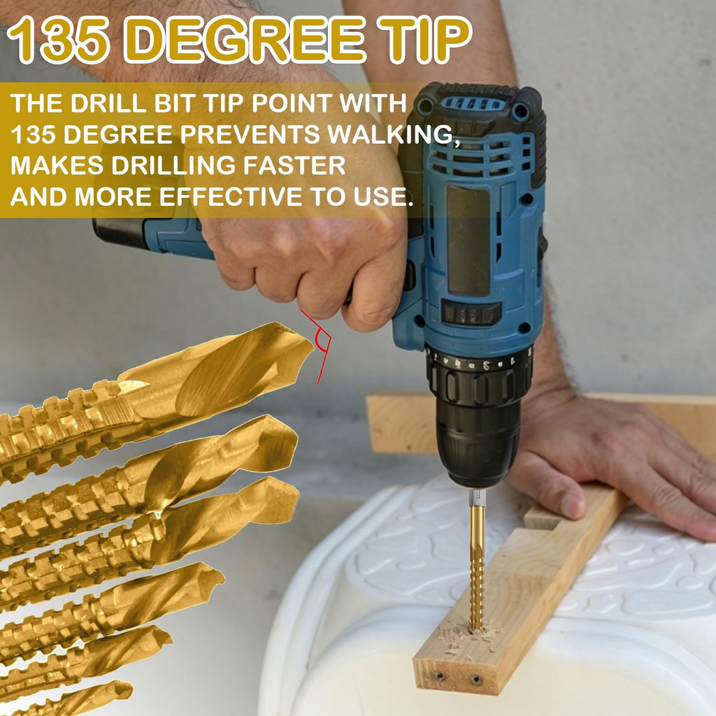 YUENTOEN 5Pcs Titanium Coated HSS Twist Drill Bits, Hex Shank 3/4/5/6/8mm Head, Serrated Side Cutting Drill Bit for Carpenter Woodworking Wood Metal Plastic