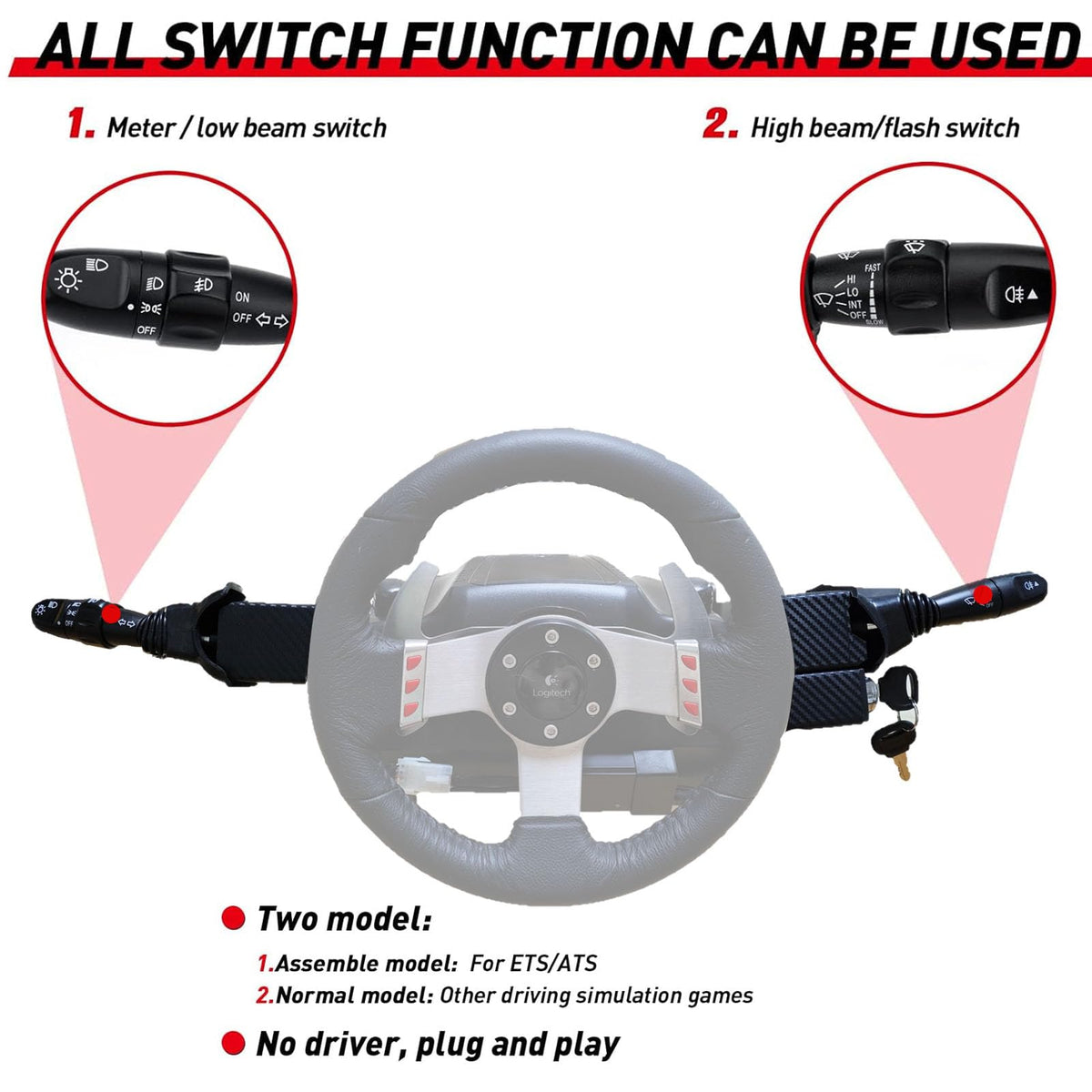Turn Signal Headlight Dimmer Switch for Logitech G923 G920 G29 G27 G25 G PRO RS 50 System Direct Drive Servo Wheel Base;Multi-Function Stalks Wiper Lever Combination Racing Simulator Console Racing