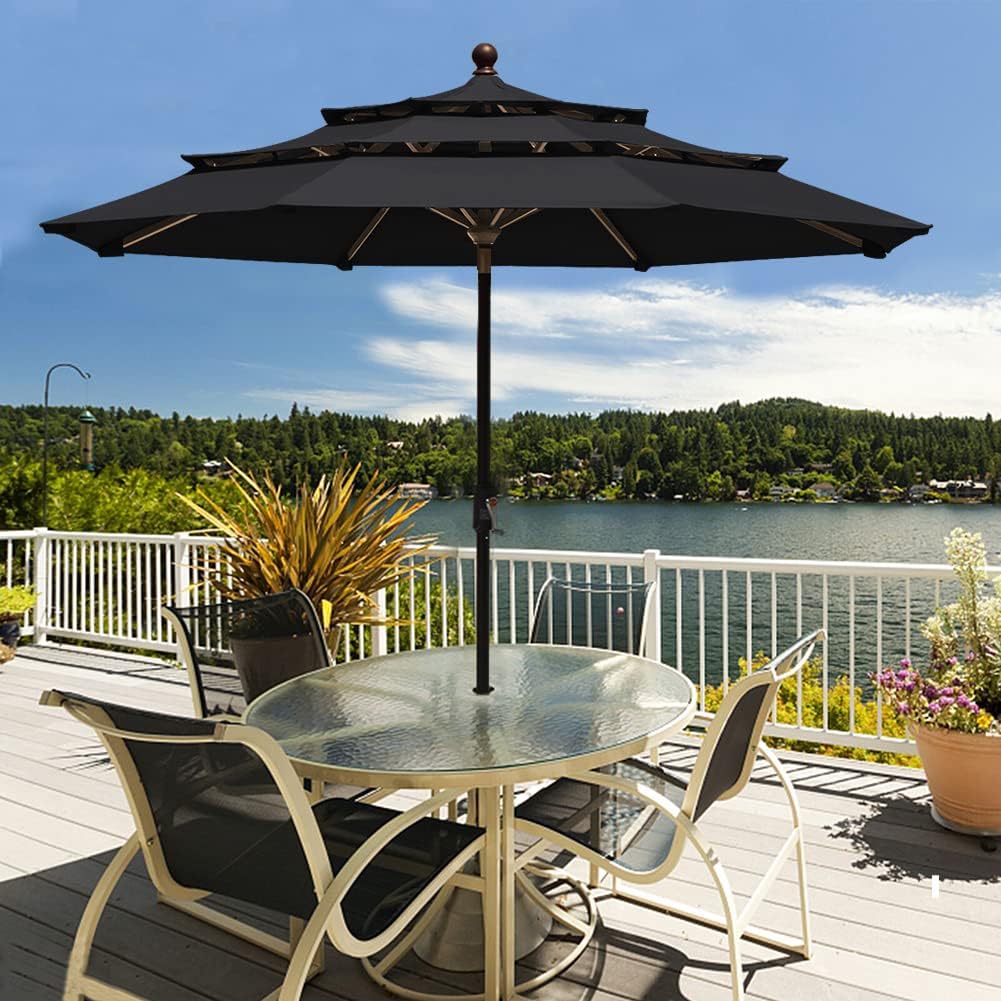 USA 10-Year-Non-Fading 9ft 3-Tier Market Patio Umbrella, Commercial Grade Outdoor Table Umbrella with Crank Open