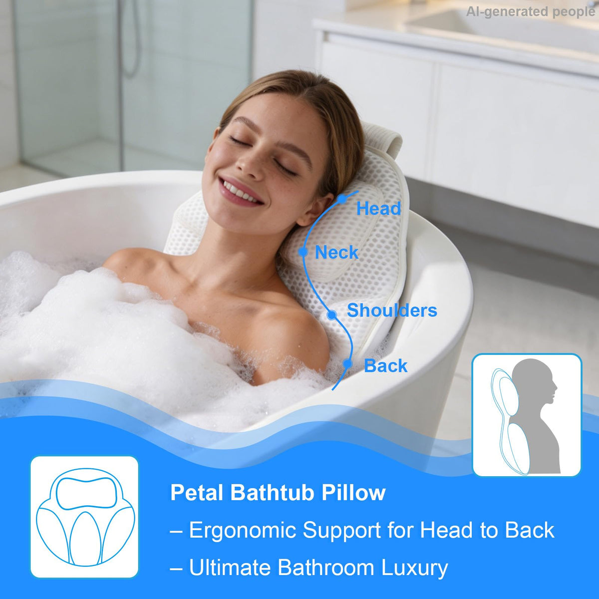 Luxury Oversized Petal-Shaped Bath Pillow for Head, Neck and Backrest, Extra Thick, Polyester, White, Anti-Slip