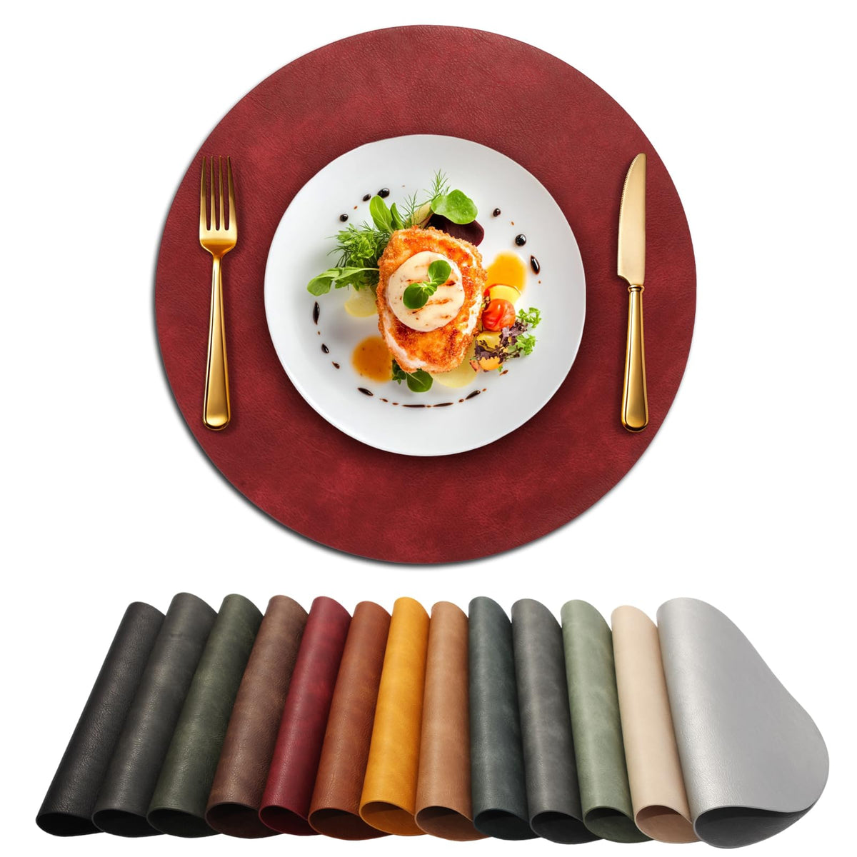 UnivoColors Placemats Round Faux Leather Placemats Set of 4-Waterproof-Wipe Clean-Heat Resistant-Anti Slip Dining