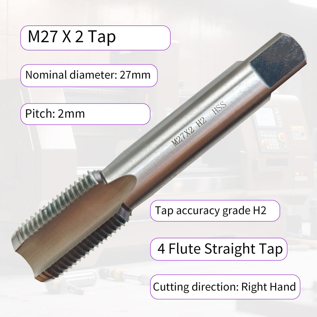 M27 X 2 Tap, Right Hand, 2mm Pitch, Straight Flute, 4 Flute