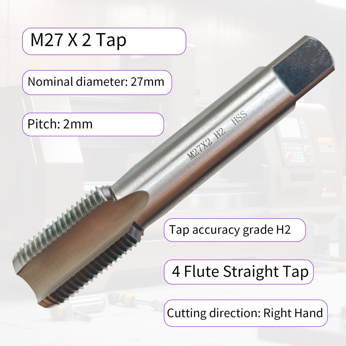M27 X 2 Tap, Right Hand, 2mm Pitch, Straight Flute, 4 Flute