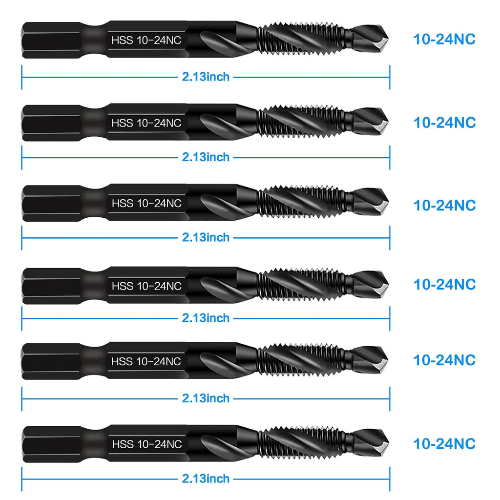 6-Piece 10-24NC Combination Drill Tap Countersink Bit Set SAE, Made of High-Speed Steel with Anti-Rust Blackened Coating, Ideal for Soft Metal, Wood & Plastic, 10-24NC Thread Size, 1/4" Hex Shank