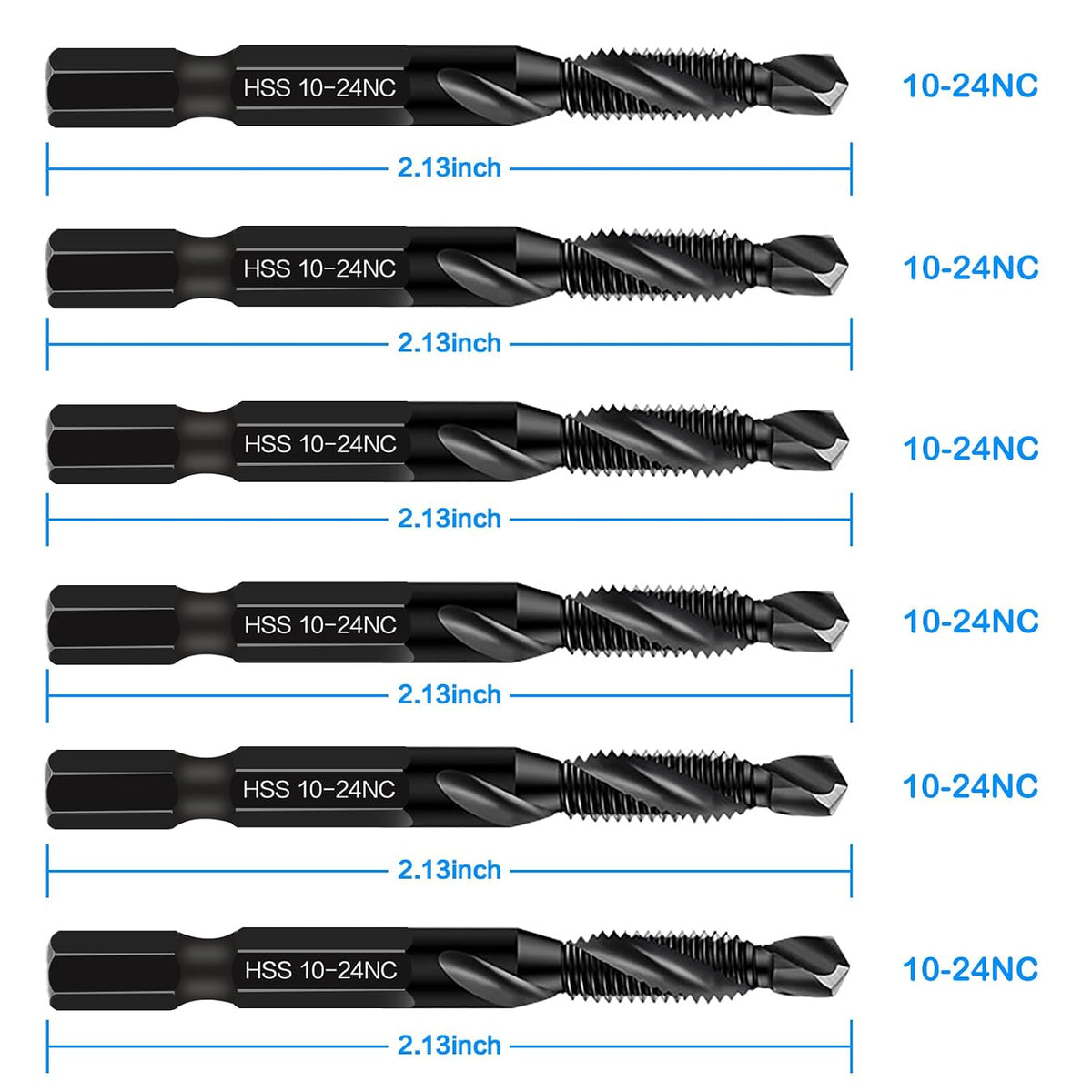 6-Piece 10-24NC Combination Drill Tap Countersink Bit Set SAE, Made of High-Speed Steel with Anti-Rust Blackened Coating, Ideal for Soft Metal, Wood & Plastic, 10-24NC Thread Size, 1/4" Hex Shank