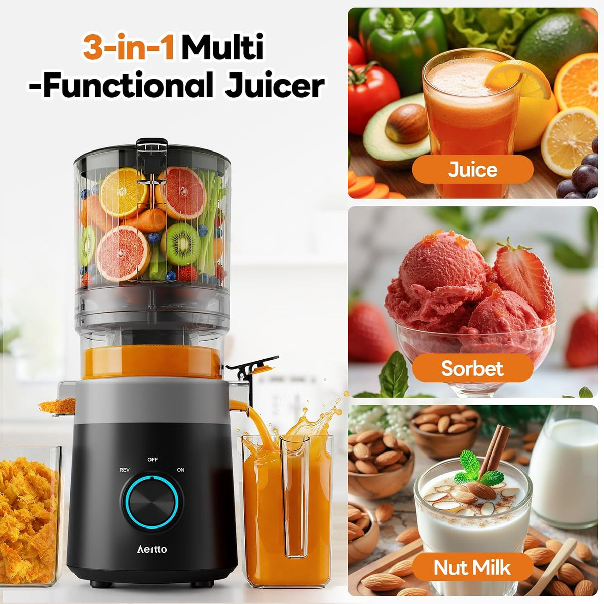 3-in-1 Juicer Machines, 6.0" Wide Mouth, Filter-Free Easy to Clean | Juice, Sorbet & Nut Milk | Cold Press Juicer for