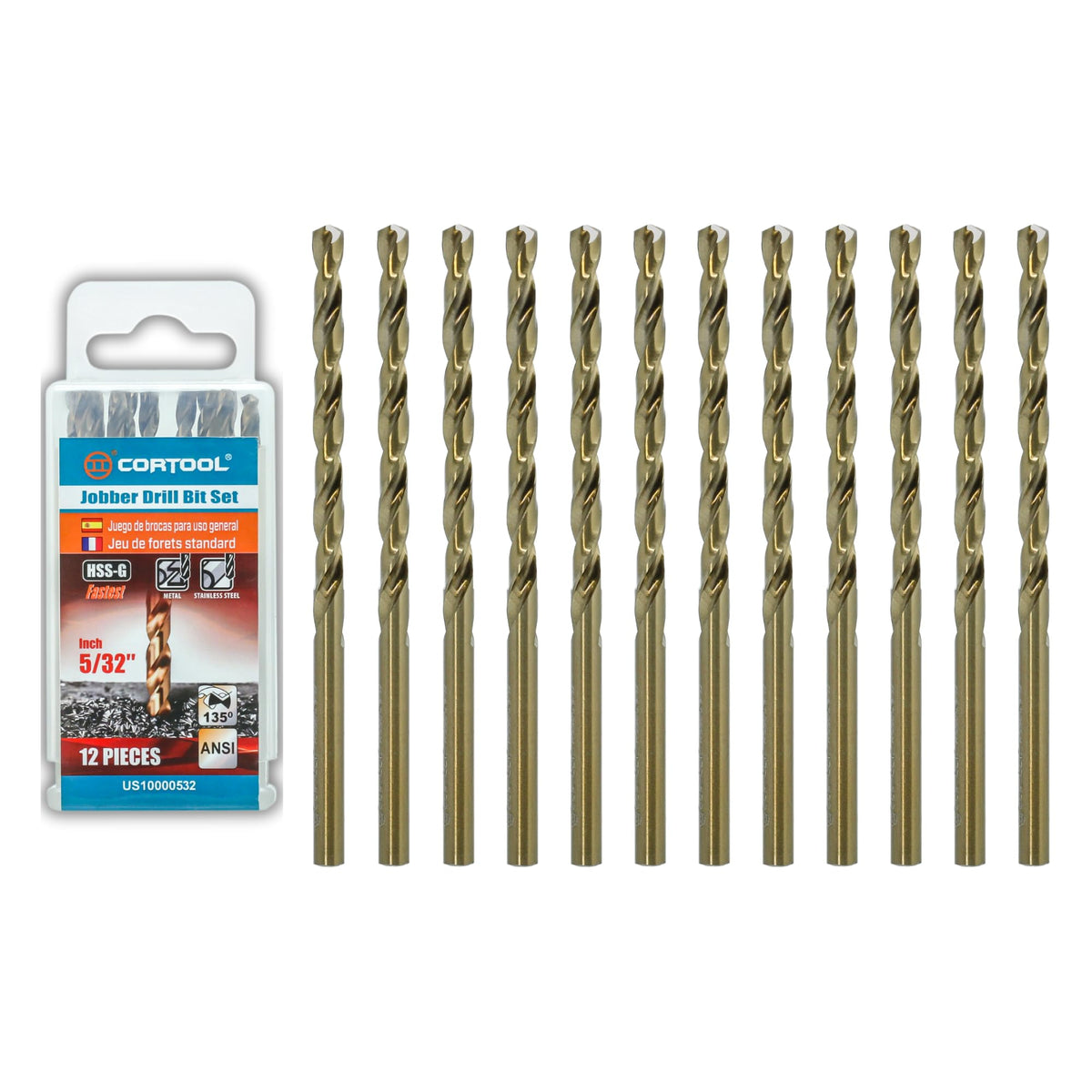 CORTOOL 5/32 inch Cobalt Drill Bits (12Pcs), M35 HSS Metal Jobber Length Twist Drill Bit Set for Hard Metal, Stainless Steel, Iron, Copper, Aluminium, Brass, Plastic & Wood