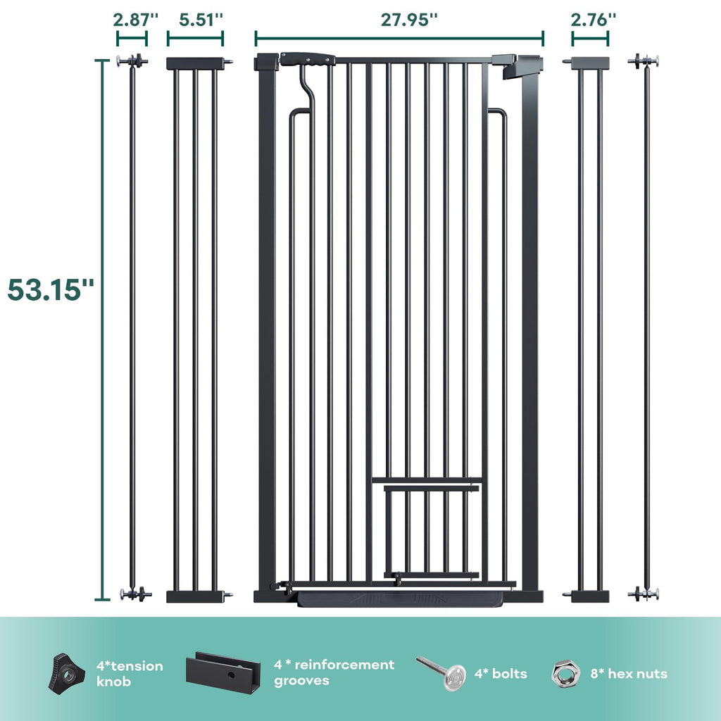 Extra-Tall Full-Height Anti-Jump Cat & Pet Safety Gate with No-Drill Pressure Mount & Auto-Close Walk-Through Door — Black