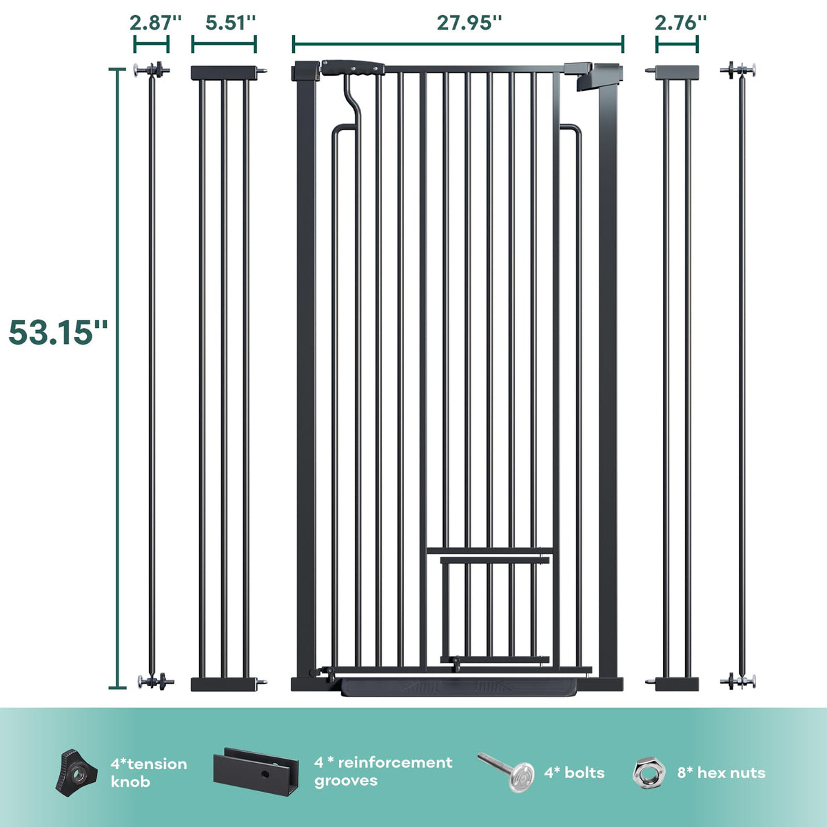 Extra-Tall Full-Height Anti-Jump Cat & Pet Safety Gate with No-Drill Pressure Mount & Auto-Close Walk-Through Door — Black