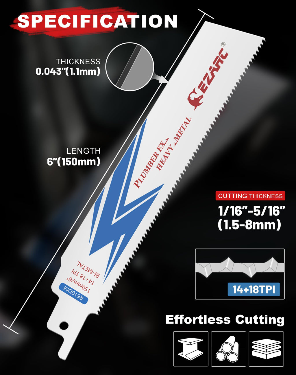 EZARC Bi-Metal Reciprocating Saw Blades, 6-Inch 14+18TPI, Steel, 5-Pack