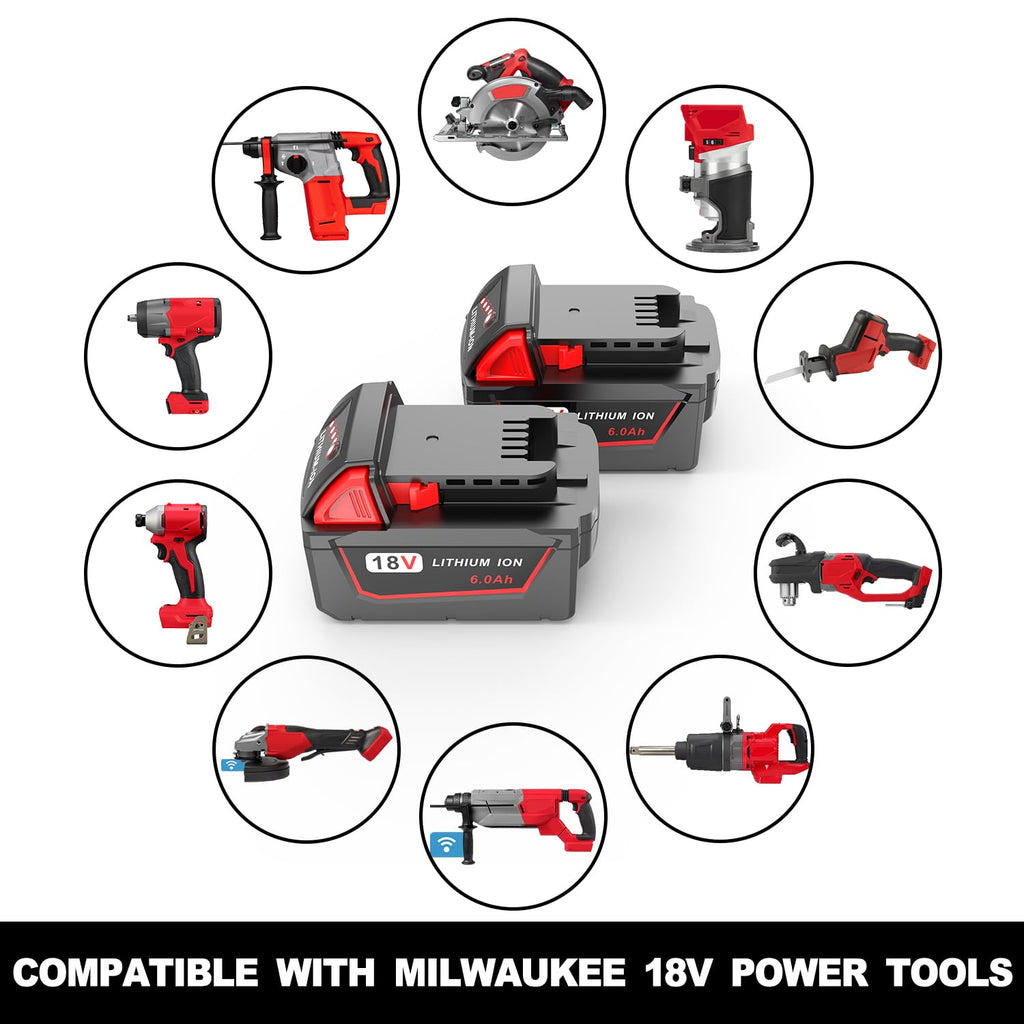 2 Pack 6.0Ah Replacement for Milwaukee M18 Battery 48-11-1850 48-11-1860, Compatible with M18 Milwaukee 18V Battery