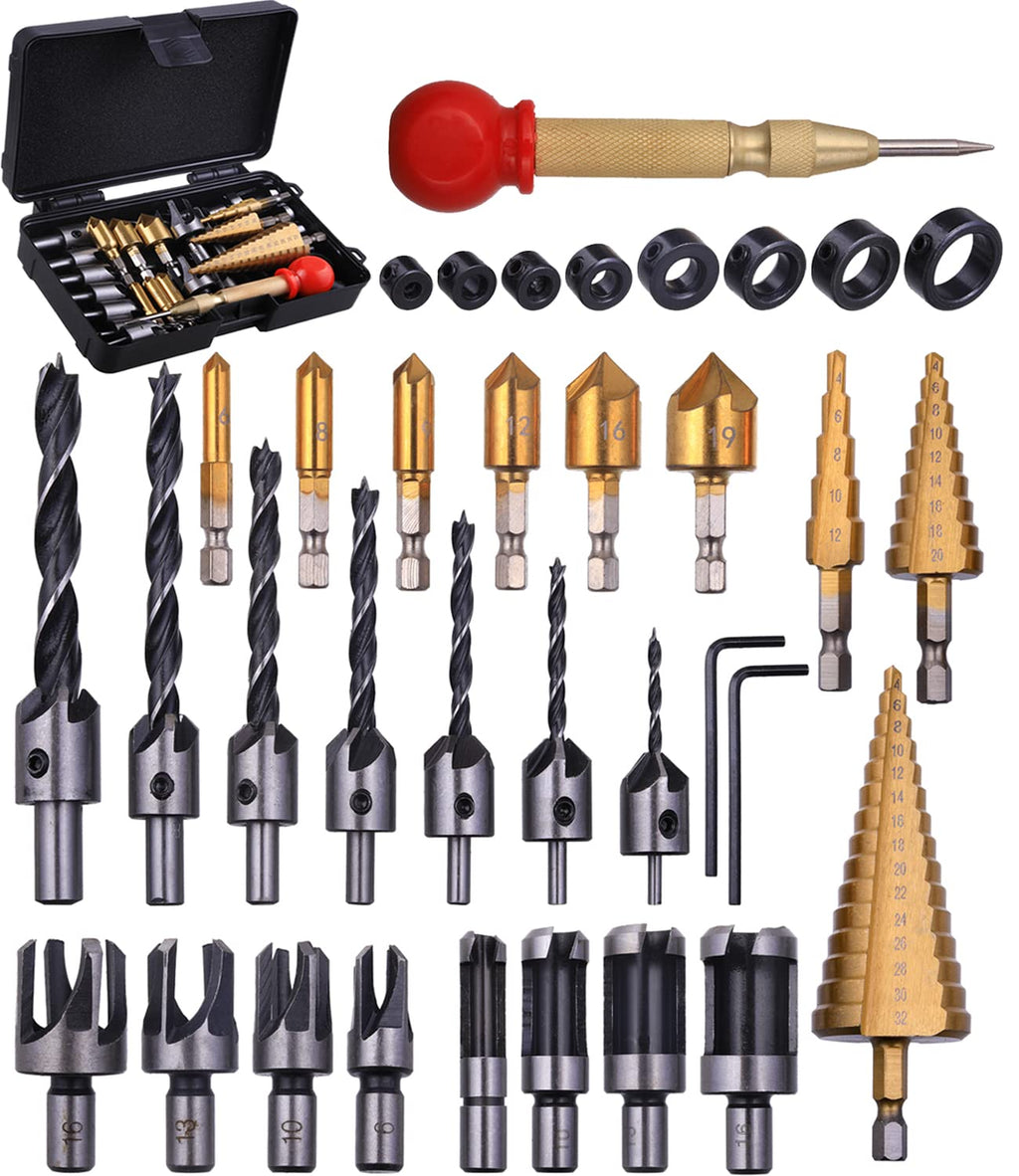 SHITIME 34 Pack Woodworking Chamfer Drill Bit Set with Countersink Bits
