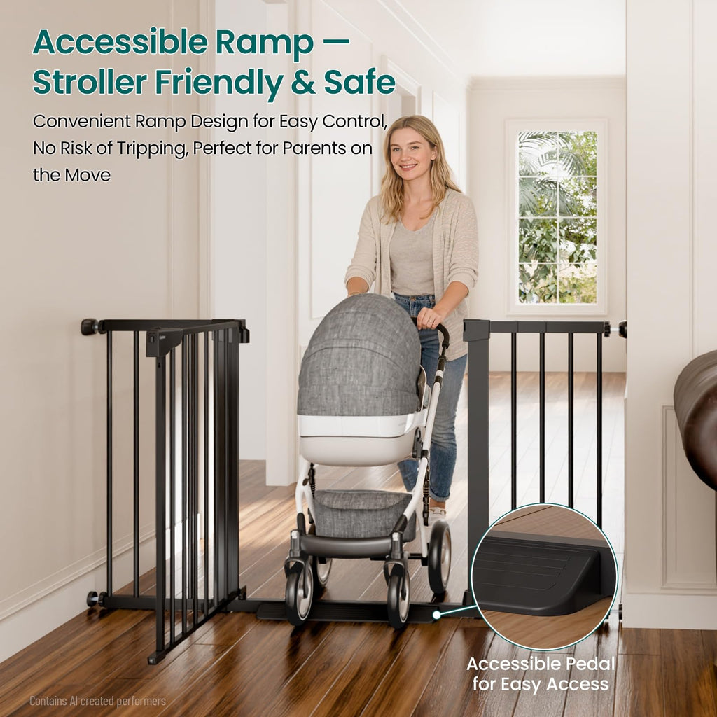 30-54" Extra-Wide Adjustable Hardware/Pressure-Mounted Pet & Child Safety Gate with Auto-Close Walk-Through Door for Stairs, Hallways & Wide Doorways — Black