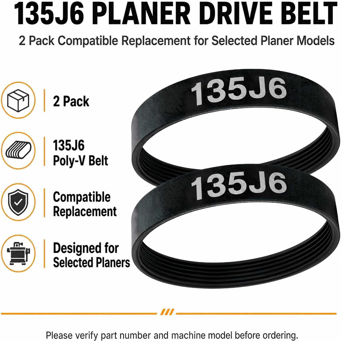 2Pack 135J6 Planer Drive Belt Fit for Delta 22-540 22-546 TP300 Planers