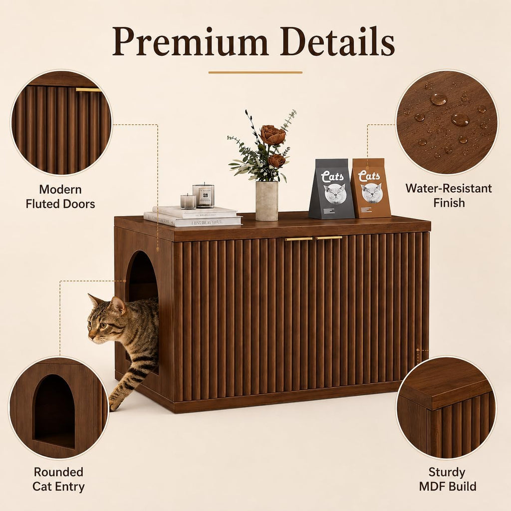 Cat Litter Box Enclosure,Modern Fluted Accent,Reddish Brown