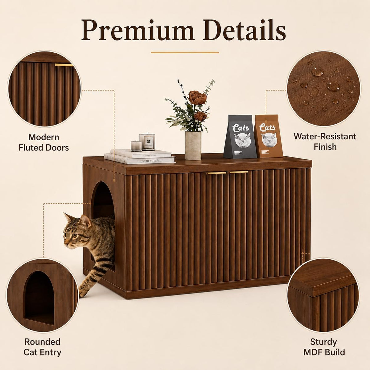 Cat Litter Box Enclosure,Modern Fluted Accent,Reddish Brown