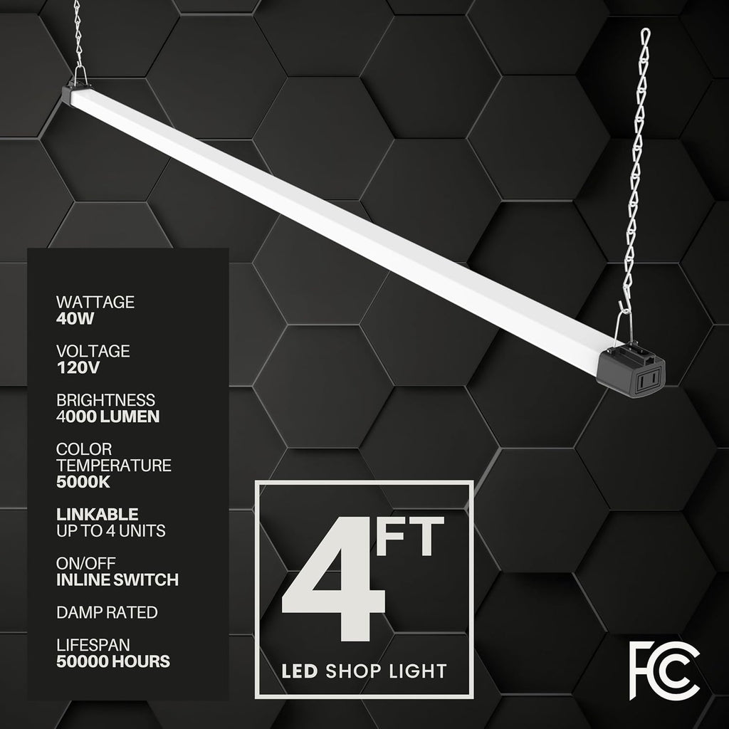 Quarterback 4FT LED Shop Light 40W Strip Work Compact Slim with Inline Switch Daylight White 5000K for Garage Workshop Basement