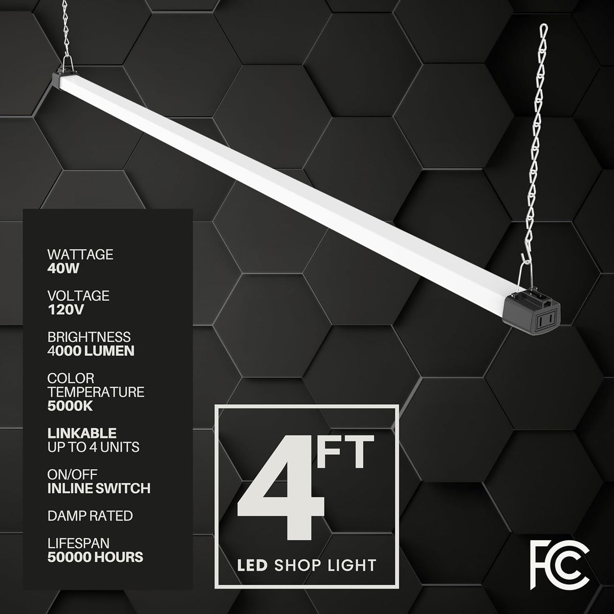 Quarterback 4FT LED Shop Light 40W Strip Work Compact Slim with Inline Switch Daylight White 5000K for Garage Workshop Basement