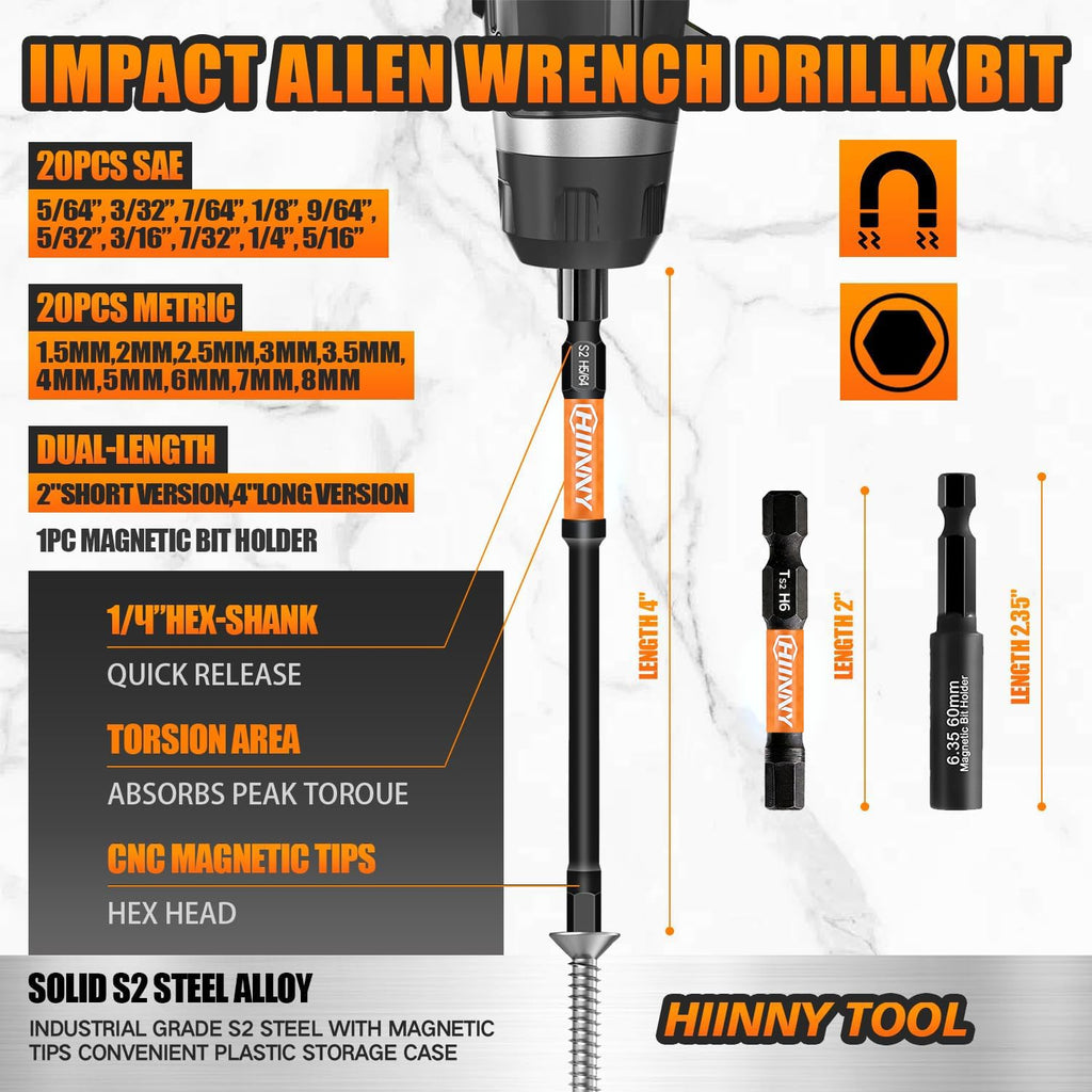 Hiinny Impact Allen Wrench Drill Bit Set,41PCS 2"&4" Long Hex Bit Set(Metric & SAE), 1/4" Hex-Shank S2 Steel,Impact Driver Bit Set, Magnetic CNC Tips for Drill & Driver with Storage Box