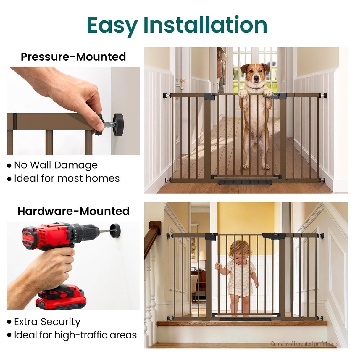 30-54" Extra-Wide Adjustable Hardware/Pressure-Mounted Pet & Child Safety Gate with Auto-Close Walk-Through Door for Stairs, Hallways & Wide Doorways — Brown
