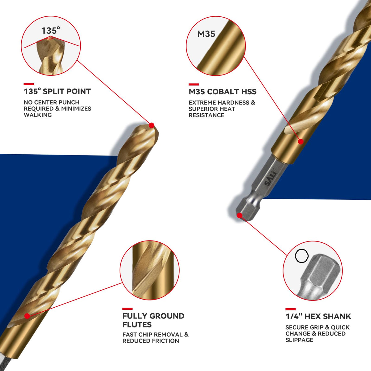 SALI Cobalt Drill Bit Set,3 Pack 3/8 Inch High Speed Steel Hex Shank Jobber Drill Bits, for Hardwood, Aluminum,Metal,Copper,Alloyed Steel