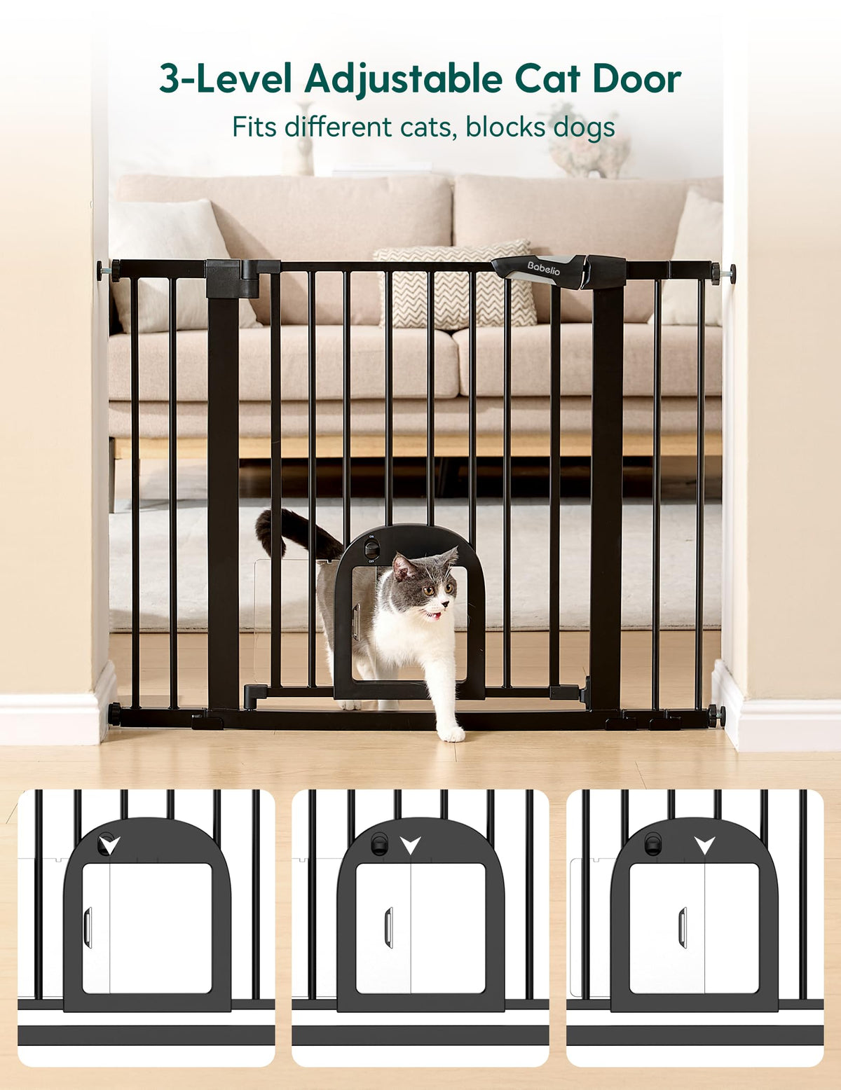 29-48" Extra-Wide Adjustable Hardware/Pressure-Mounted Pet & Child Safety Gate with Small Cat Door & Auto-Close Walk-Through Gate for Stairs, Hallways & Wide Doorways