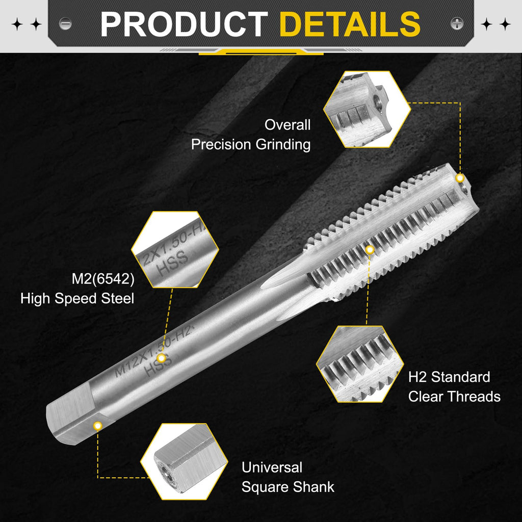 uxcell Hand Plug Tap M12 x 1.5 H2 Metric Thread Plug Style Taps Straight Flute Screw Tapping Threading Tool High Speed Steel HSS6542