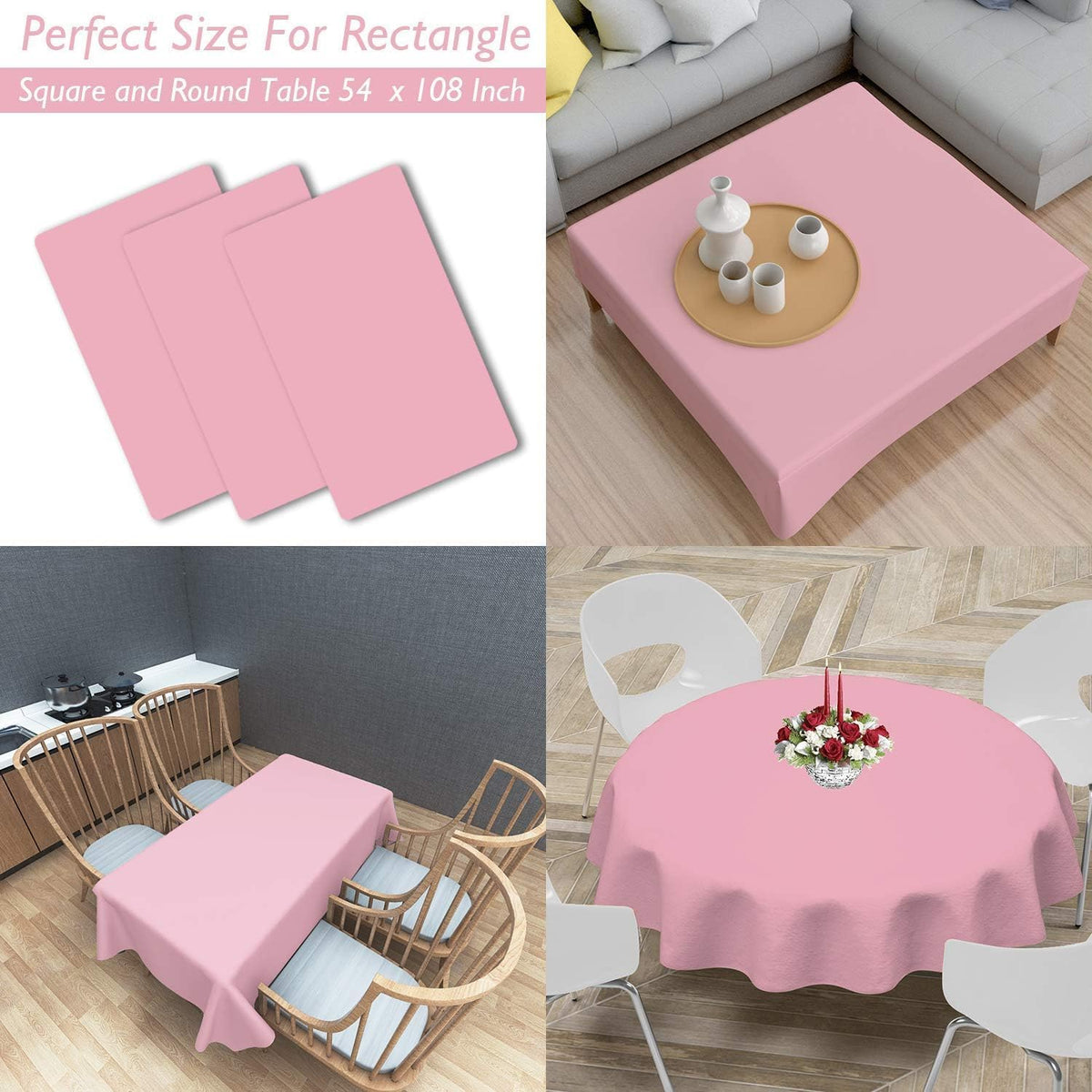 3 Pack Plastic Tablecloths for Rectangle Tables 54" x 108" Pink Disposable Table Cloths for 6 to 8 Foot Valentines