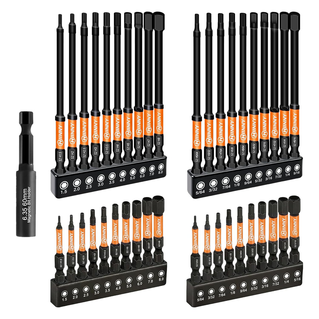 Hiinny Impact Allen Wrench Drill Bit Set,41PCS 2"&4" Long Hex Bit Set(Metric & SAE), 1/4" Hex-Shank S2 Steel,Impact Driver Bit Set, Magnetic CNC Tips for Drill & Driver with Storage Box