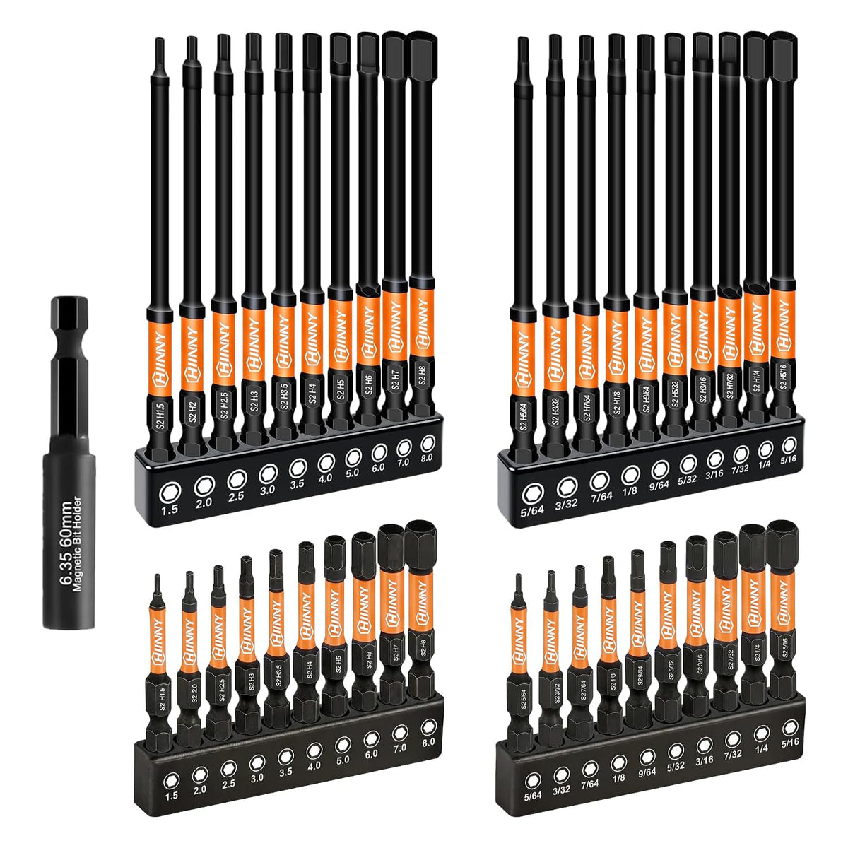 Hiinny Impact Allen Wrench Drill Bit Set,41PCS 2"&4" Long Hex Bit Set(Metric & SAE), 1/4" Hex-Shank S2 Steel,Impact Driver Bit Set, Magnetic CNC Tips for Drill & Driver with Storage Box