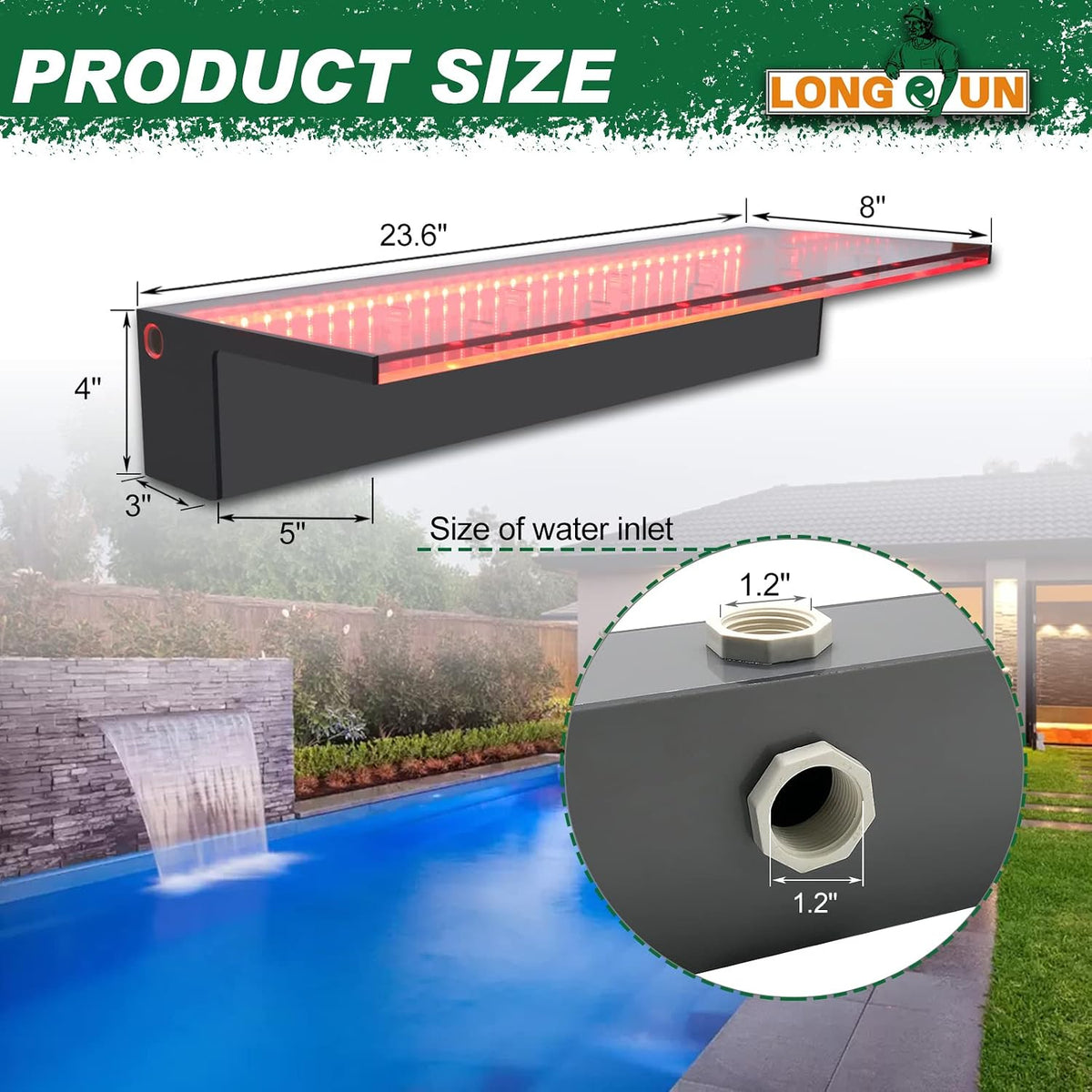 Waterfall Spillway, APP Control Multi-Color LED Light Outdoor Pool Fountain, Acrylic Water Spillway Koi Pond