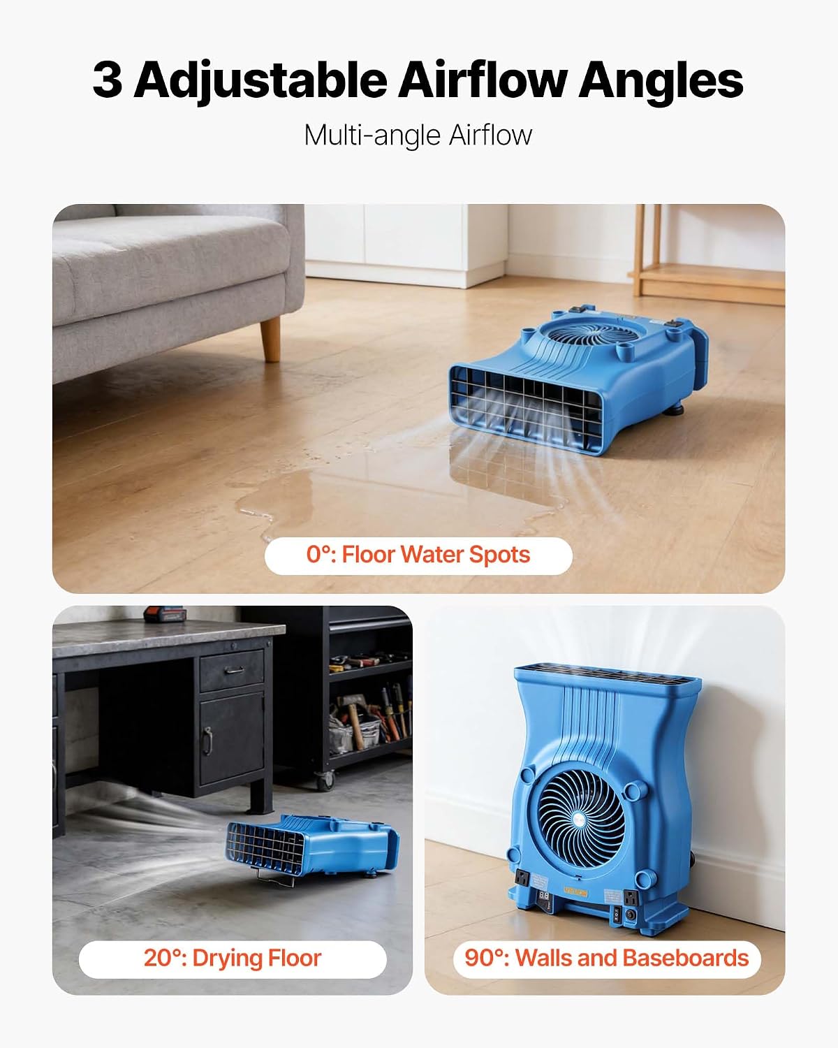 Blower Fan, Low Profile Air Mover Carpet Dryer, 1000 CFM, 2 Speeds, Multi-Angle Airflow, Lightweight Portable for