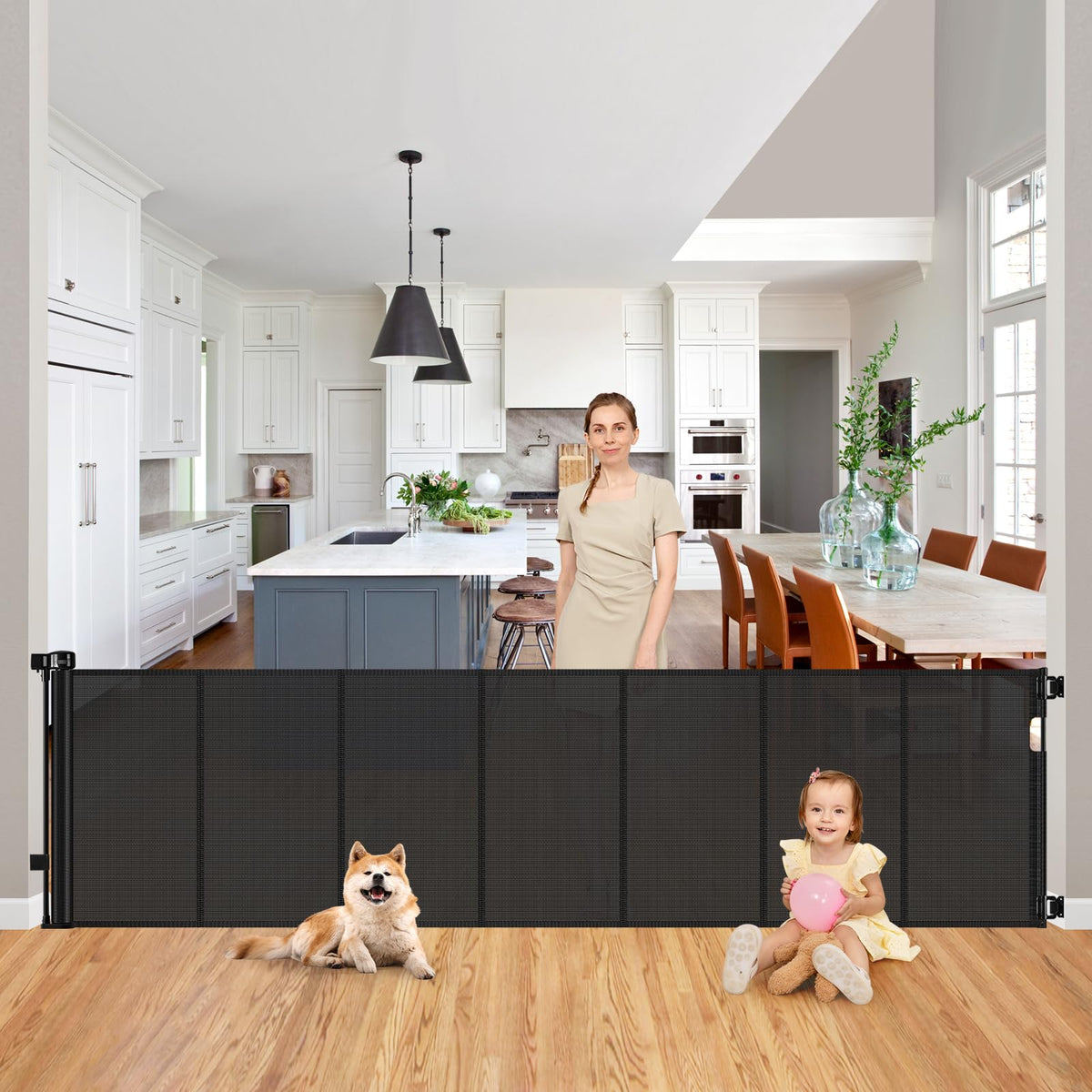 200" 16.7ft Extra-Wide Retractable Indoor/Outdoor Mesh Pet & Child Safety Gate with One-Hand Safety Lock for Wide Openings, Patios & Stairways