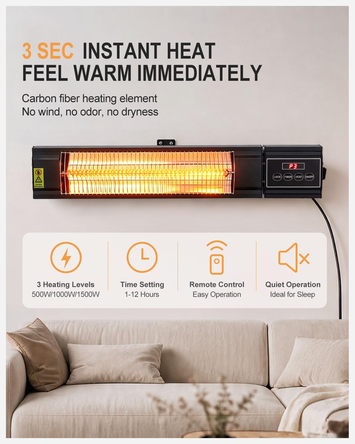 Carbon Ffiber Patio Heater, 1500W, IP65 Approved, Odorless, Wall-Mounted Heater with Remote, 15 Second Fast Heater