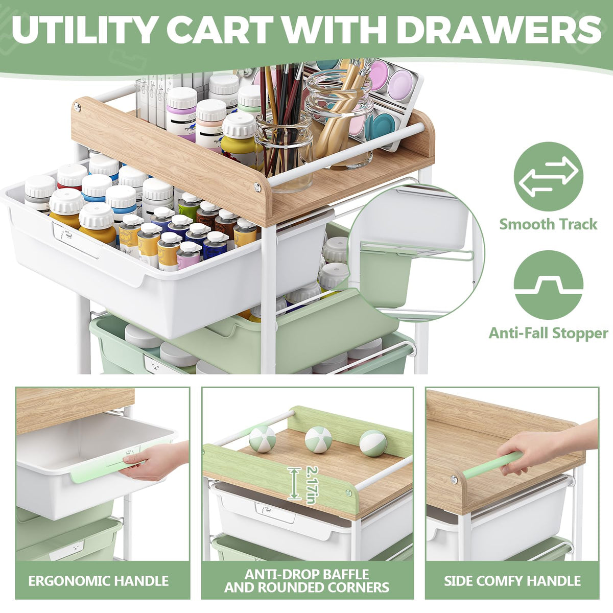 6 Drawer Rolling Cart for Craft Storage,Utility Drawer Cart,Green