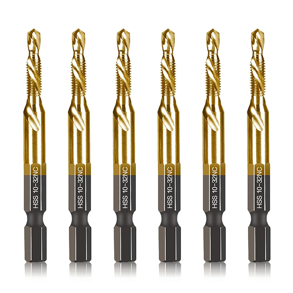 6-pc 10-32NC Combination Drill Tap Bit Set SAE, 10-32NC Thread Size, Titanium Coated High-Speed Steel, Ideal for Drilling Threading and Countersinking in Soft Metal Wood and Plastic, 1/4” Hex Shank