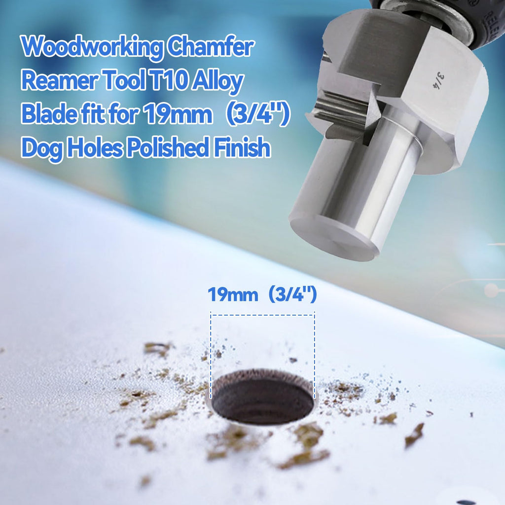 Dog Hole Chamfer Reamer Tool, Workbench Dog Hole Shaping Trimmer T10 Alloy Blade Stainless Steel 9mm Hex Shank for 19mm/20mm Woodworking Dog Holes Polished Finish for Electric Drills (19mm)