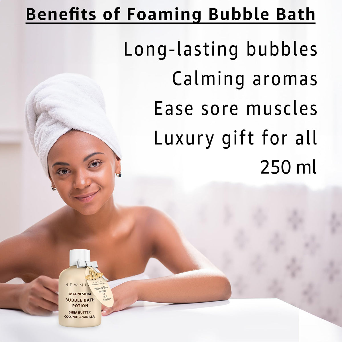 Magnesium Bubble Bath - Long Lasting Foaming Bubbles - Moisturizing - Shea Butter Coconut Vanilla - Relaxing Stress