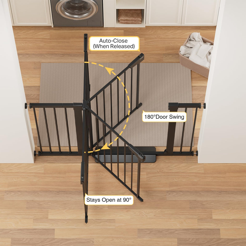 30-48" Adjustable Hardware/Pressure-Mounted Pet & Child Safety Gate with Auto-Close Walk-Through Door for Stairs, Hallways & Wide Doorways — Black