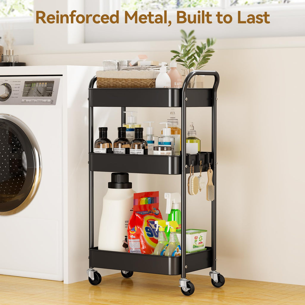 3-Tier Metal Rolling Cart Utility Carts with Wheels Black